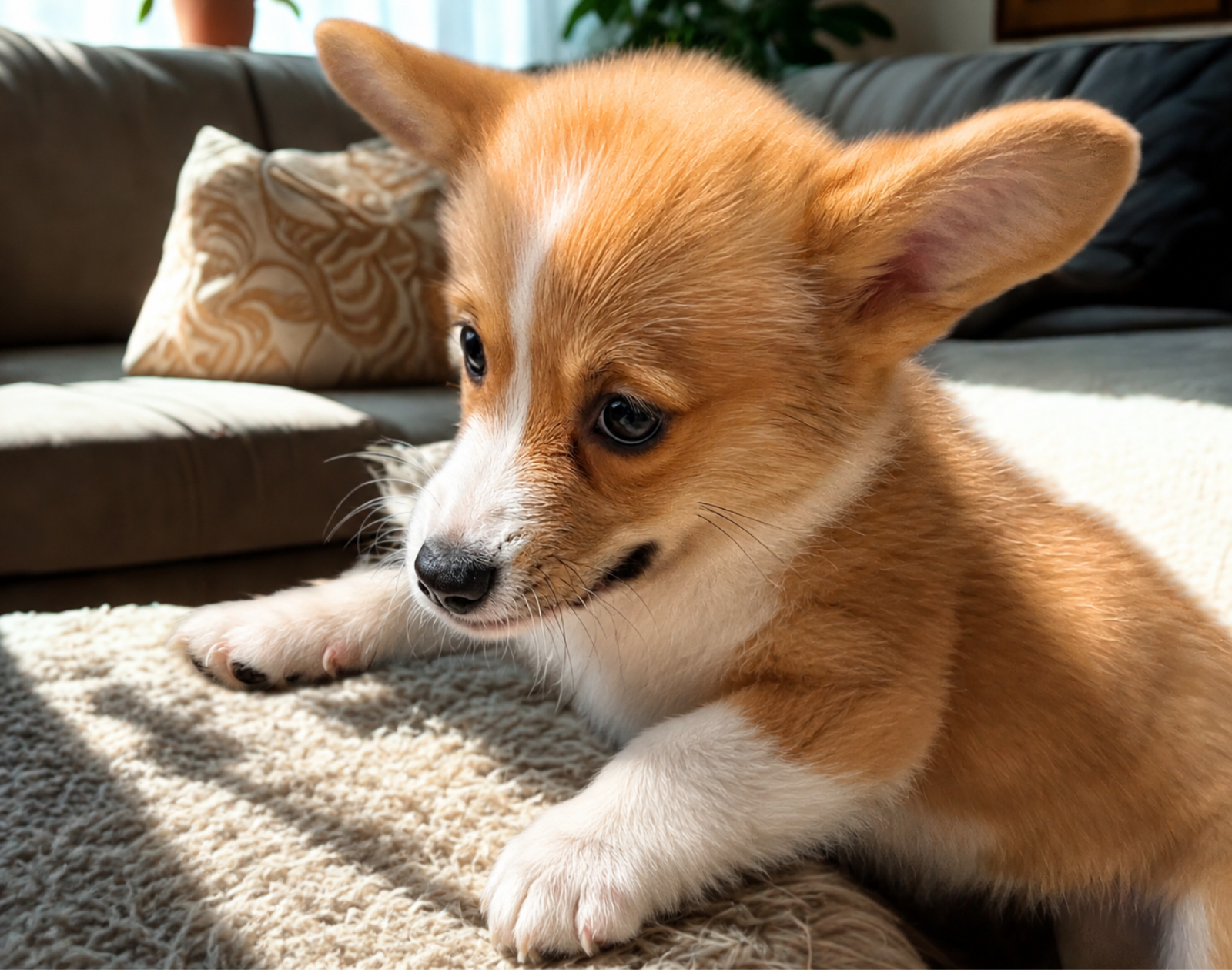 リビングにいるコーギーの子犬