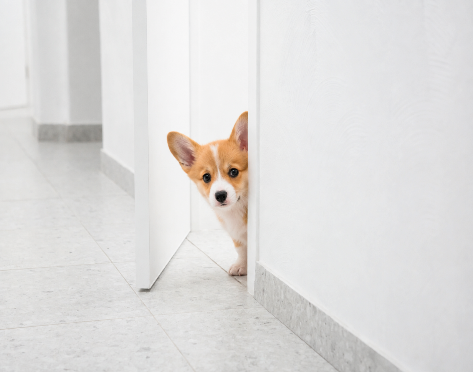 白い部屋のドアから顔を覗かせるコーギーの子犬