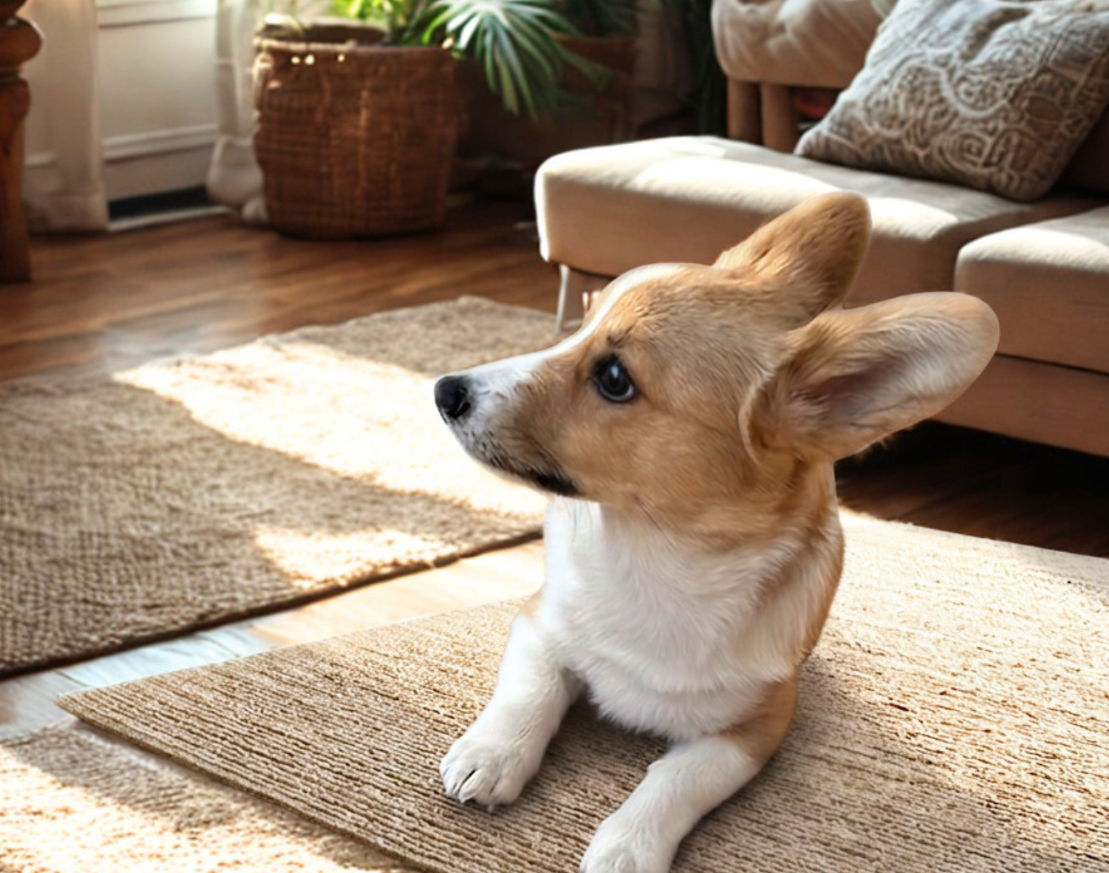 リビングのマットの上でくつろぐコーギーの子犬
