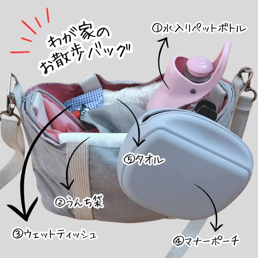 必須アイテム5選が入ったお散歩バッグ