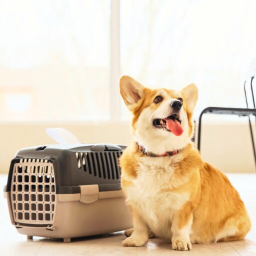 犬用キャリーケースの横に座っているコーギー