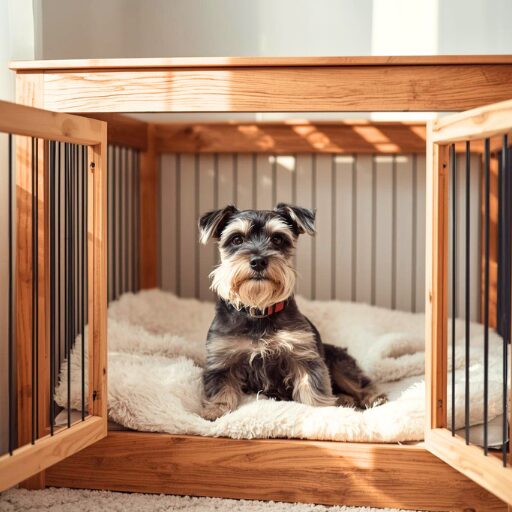 ケージの中で伏せをしているミニチュアシュナウザー