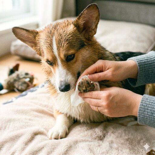 ウェットシートで前脚を拭かれるコーギー