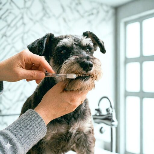 歯みがきをされているミニチュアシュナウザー