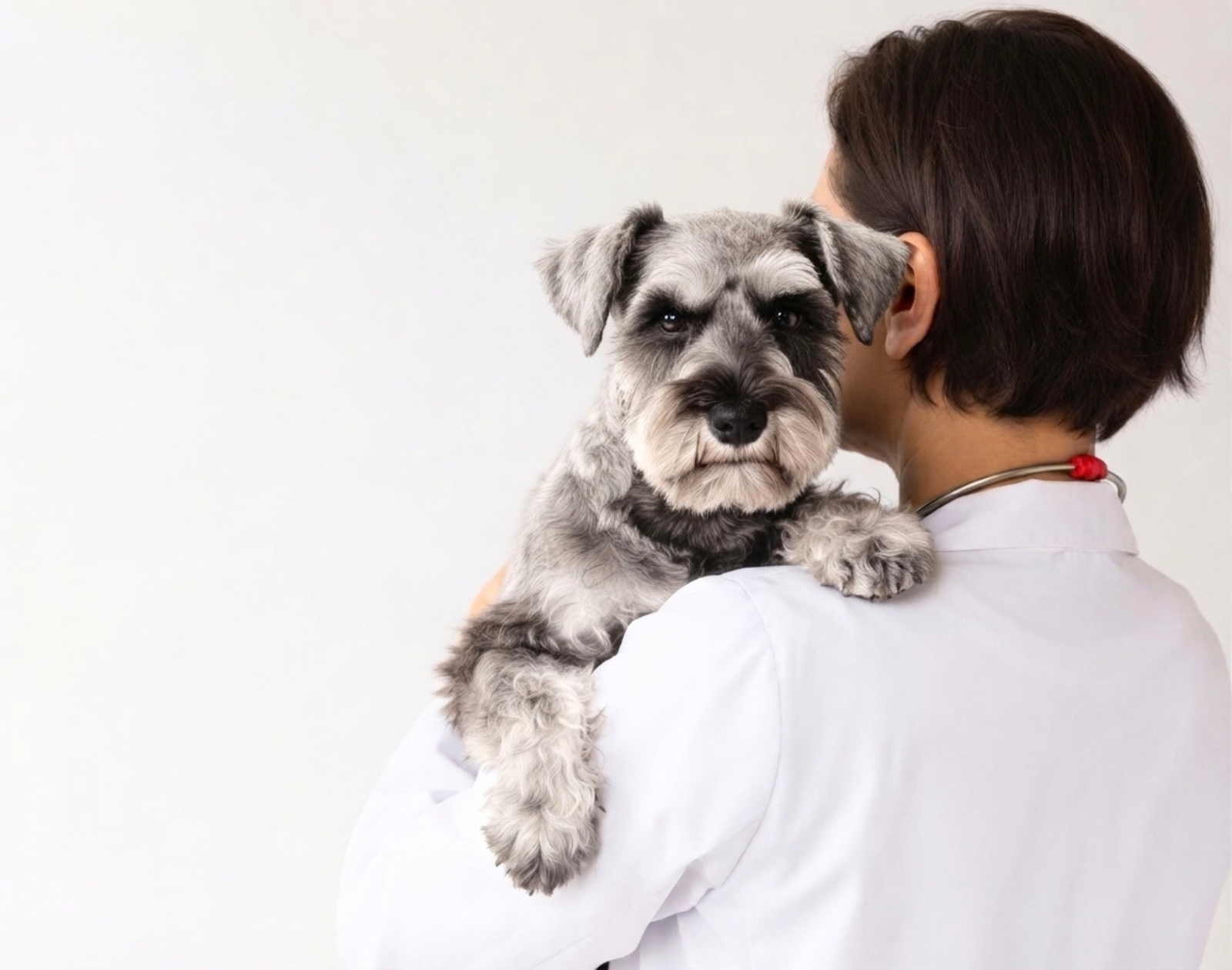 獣医の腕の中から、こちらを見ているミニチュアシュナウザー。